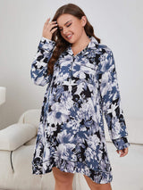 Plus Size Floral Lapel Collar Long Sleeve Night Dress - Trendsi - Flyclothing LLC