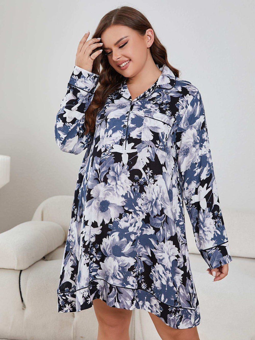 Plus Size Floral Lapel Collar Long Sleeve Night Dress - Trendsi - Flyclothing LLC