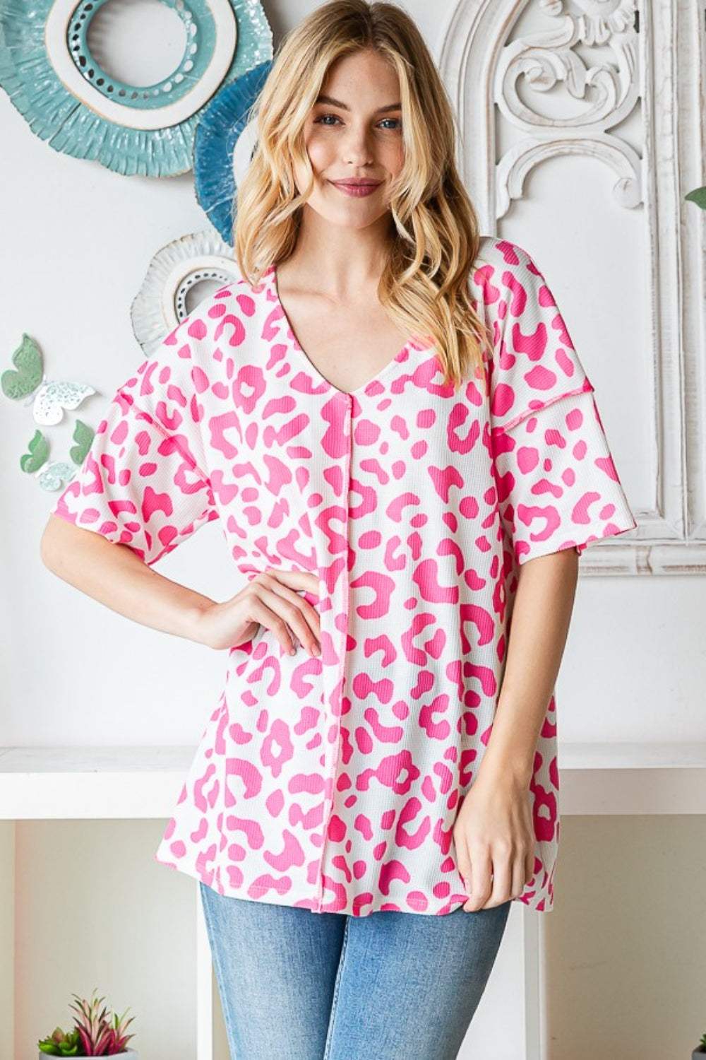Heimish Full Size Leopard Exposed Seam Short Sleeve Top - Trendsi - Flyclothing LLC
