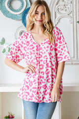 Heimish Full Size Leopard Exposed Seam Short Sleeve Top - Trendsi - Flyclothing LLC