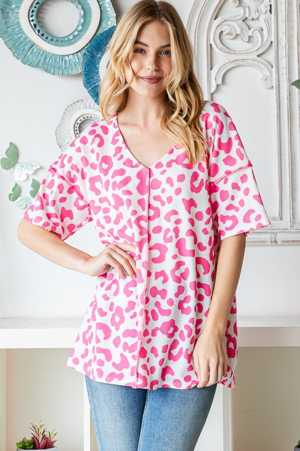 Heimish Full Size Leopard Exposed Seam Short Sleeve Top - Trendsi