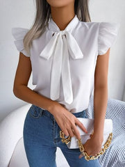 Tie  Neck Cap Sleeve Blouse - Trendsi