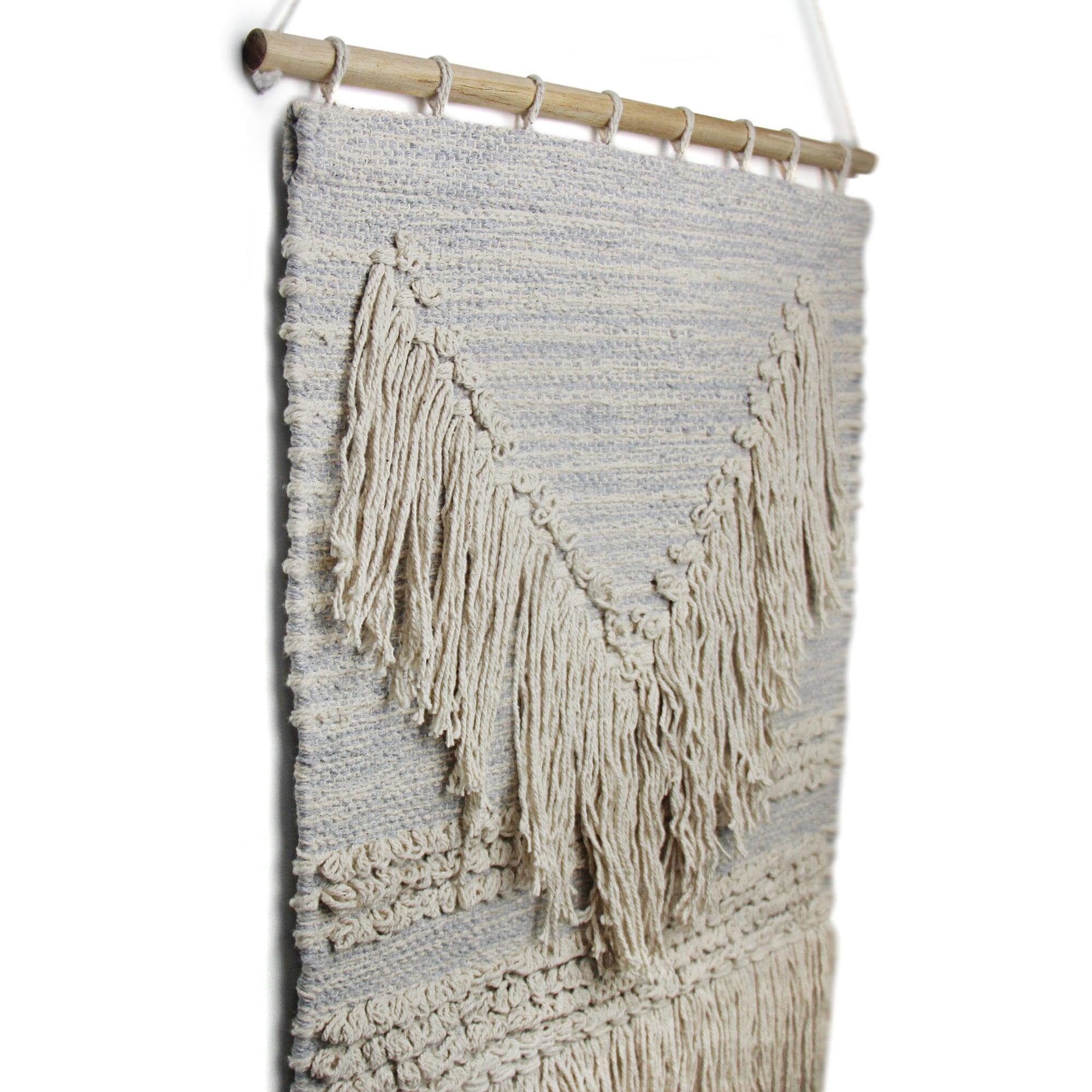 Handwoven Boho Wall Hanging, Blue Grey with Cream Fringe - Asha Handicrafts
