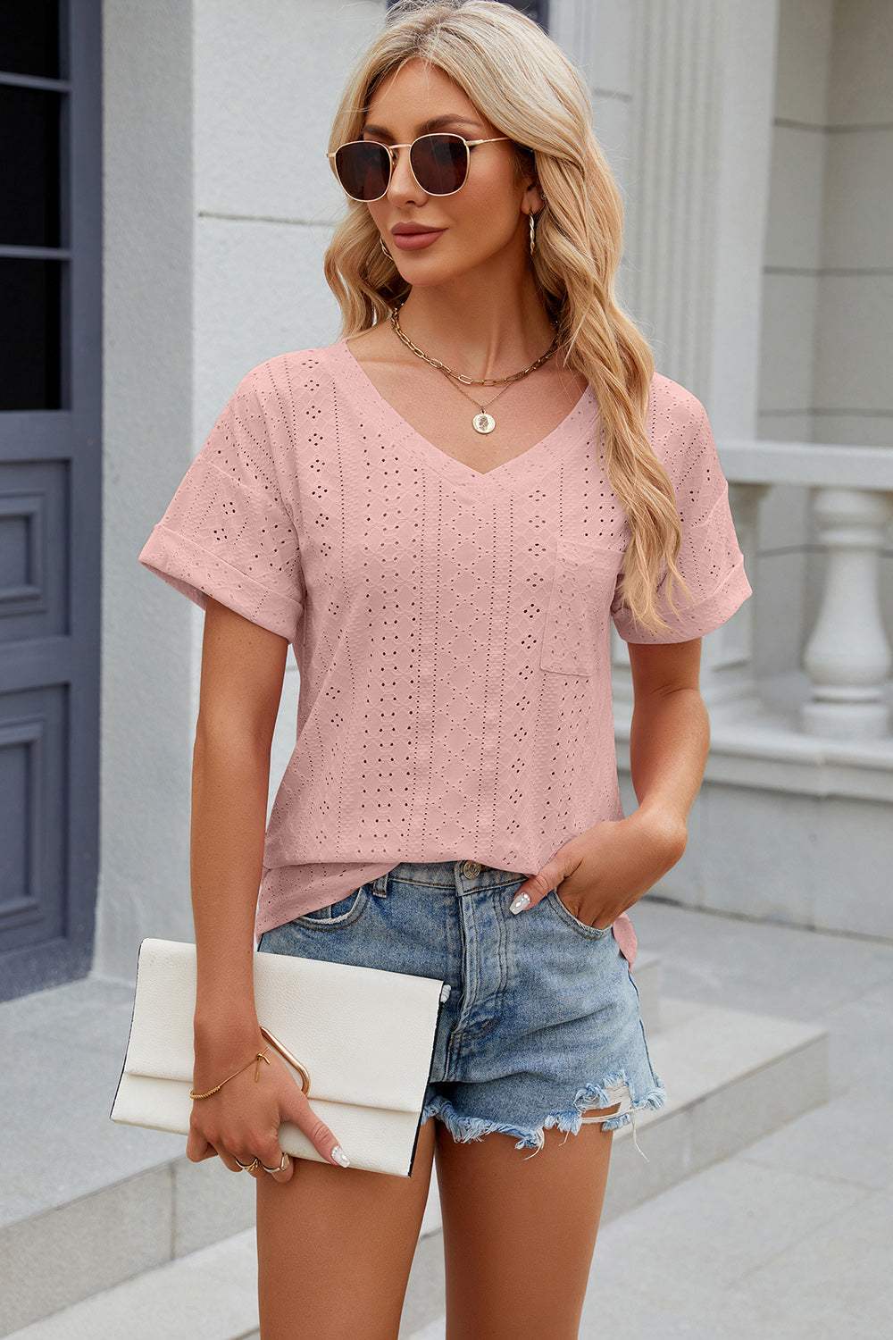 Eyelet V-Neck Short Sleeve T-Shirt - Trendsi - Flyclothing LLC