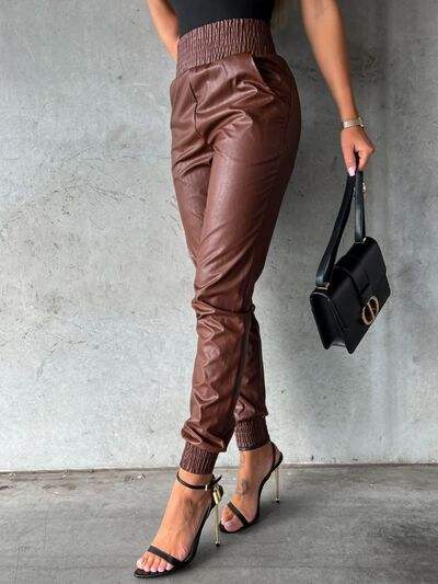 Smocked High Waist Pants with Pockets - Trendsi - Flyclothing LLC
