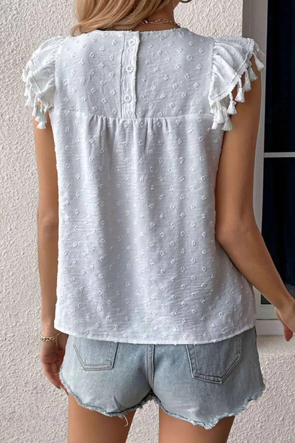 Swiss Dot Tassel Detail Round Neck Blouse - Trendsi - Flyclothing LLC