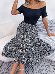 Printed Off-Shoulder Ruffle Hem Dress - Trendsi