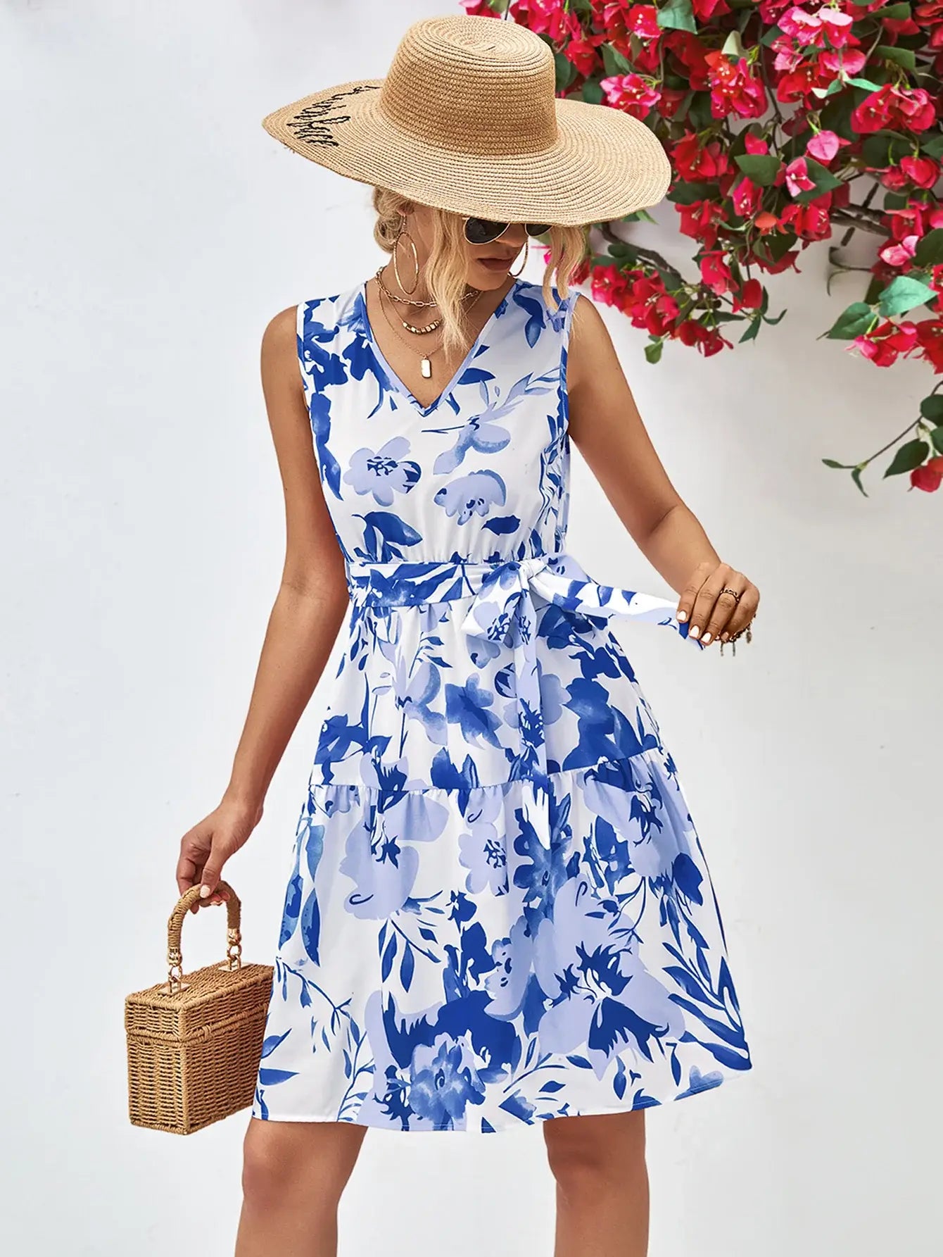 Floral V-Neck Tie Waist Sleeveless Dress - Trendsi - Flyclothing LLC