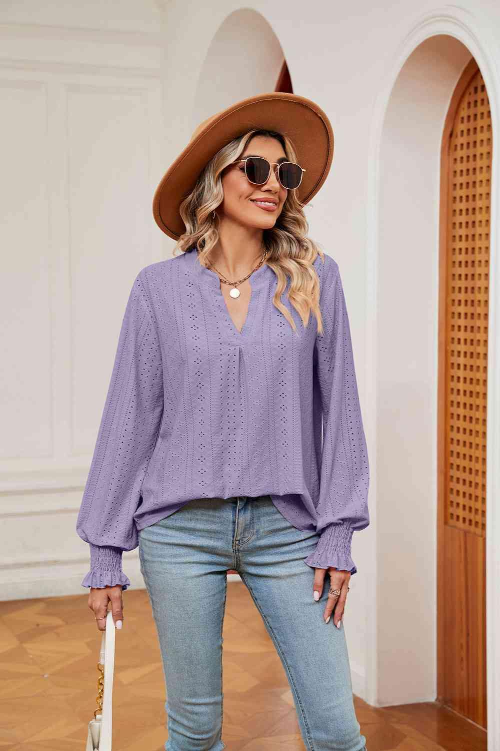 Notched Neck Flounce Sleeve Blouse - Trendsi
