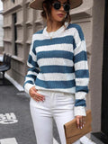Striped Round Neck Dropped Shoulder Sweater - Trendsi