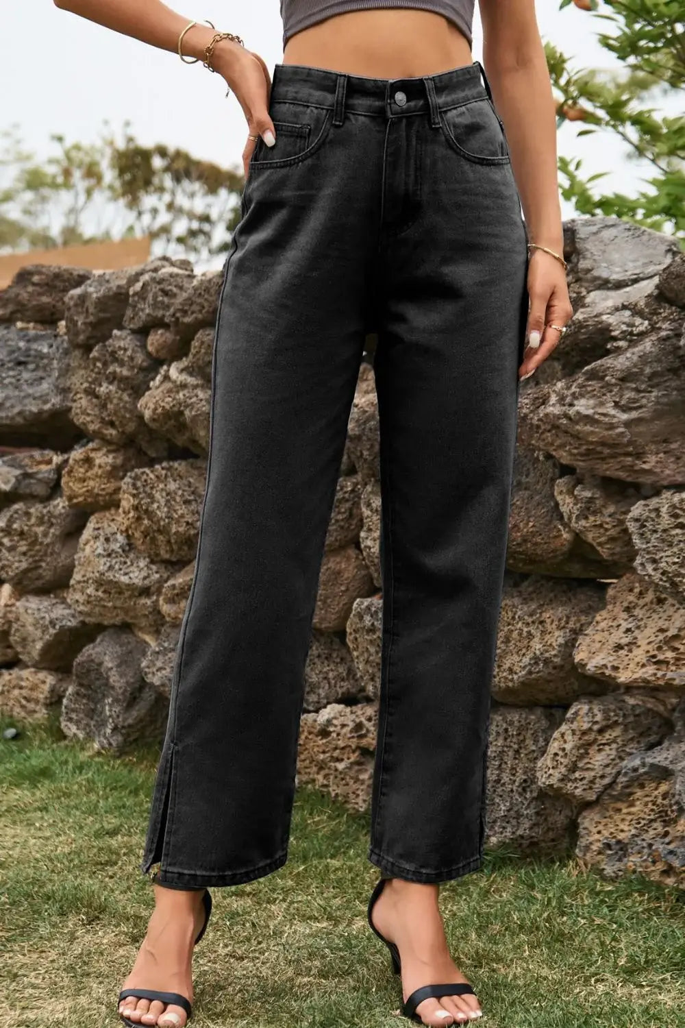 High Waist Loose Fit Ankle Slit Jeans - Trendsi - Flyclothing LLC