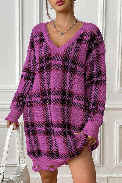 Plaid V-Neck Long Sleeve Sweater Dress - Trendsi - Flyclothing LLC
