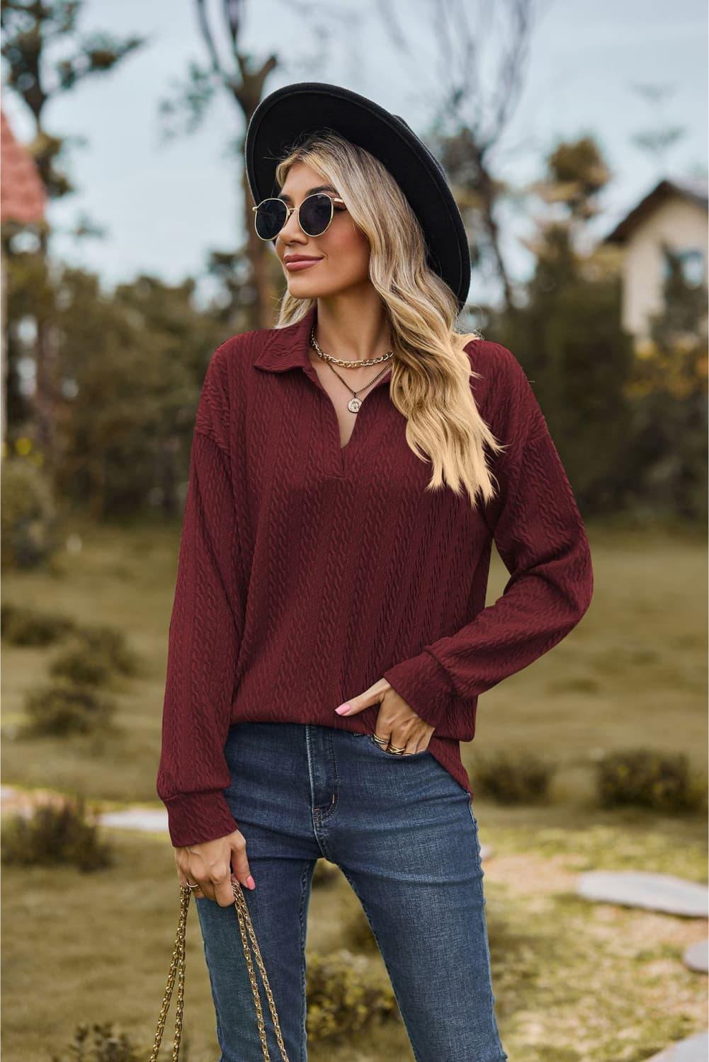 Collared Neck Cable-Knit Long Sleeve Blouse - Trendsi