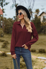 Collared Neck Cable-Knit Long Sleeve Blouse - Trendsi