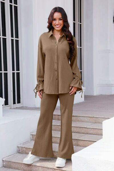 Drawstring Flounce Sleeve Shirt and Pants Set - Trendsi