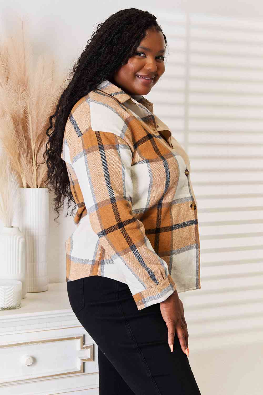 Double Take Plaid Print Dropped Shoulder Shirt - Trendsi - Flyclothing LLC