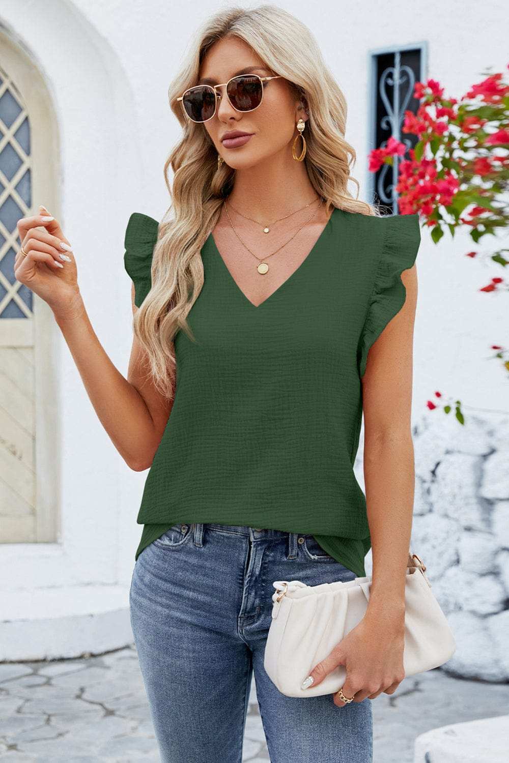 Ruffled V-Neck Cap Sleeve Blouse - Trendsi - Flyclothing LLC
