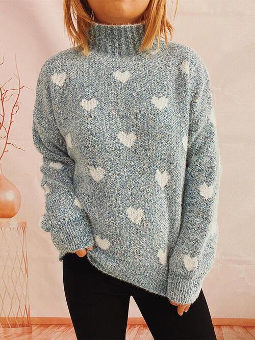 Heart Heathered Turtleneck Drop Shoulder Sweater - Trendsi