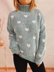 Heart Heathered Turtleneck Drop Shoulder Sweater - Trendsi