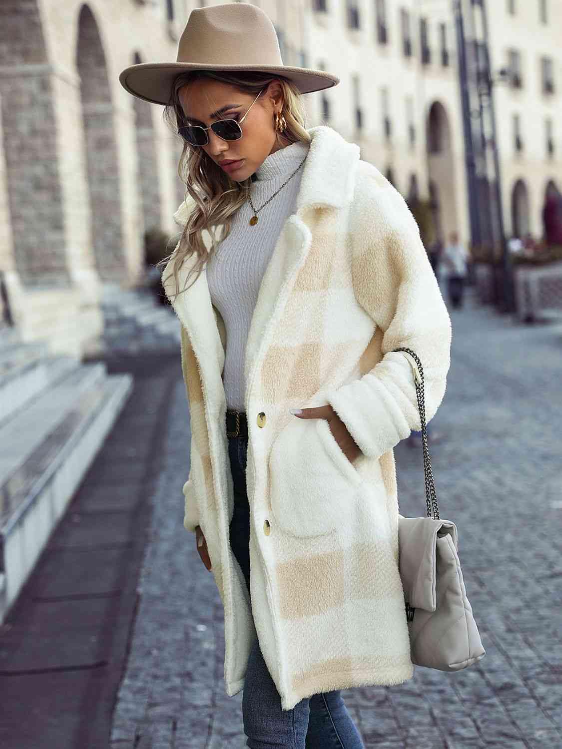 Plaid Button Down Coat with Pockets - Trendsi