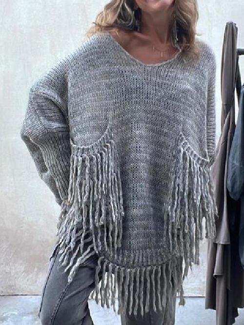 Fringe Detail Long Sleeve Sweater with Pockets - Trendsi
