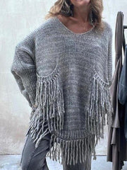 Fringe Detail Long Sleeve Sweater with Pockets - Trendsi