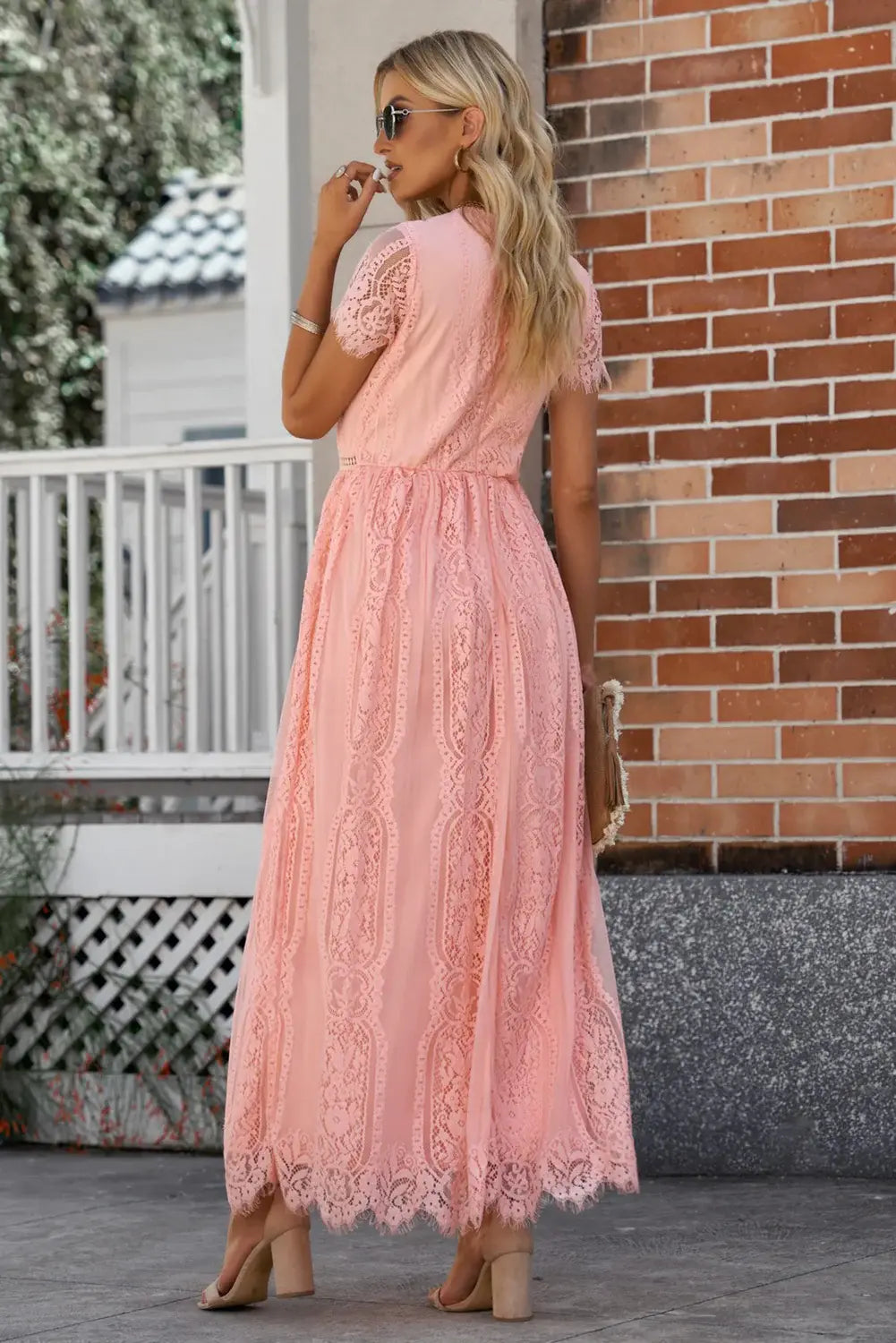 Scalloped Trim Lace Plunge Dress - Trendsi - Flyclothing LLC