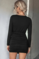 Twist Front Ruched Long Sleeve Mini Dress - Trendsi - Flyclothing LLC