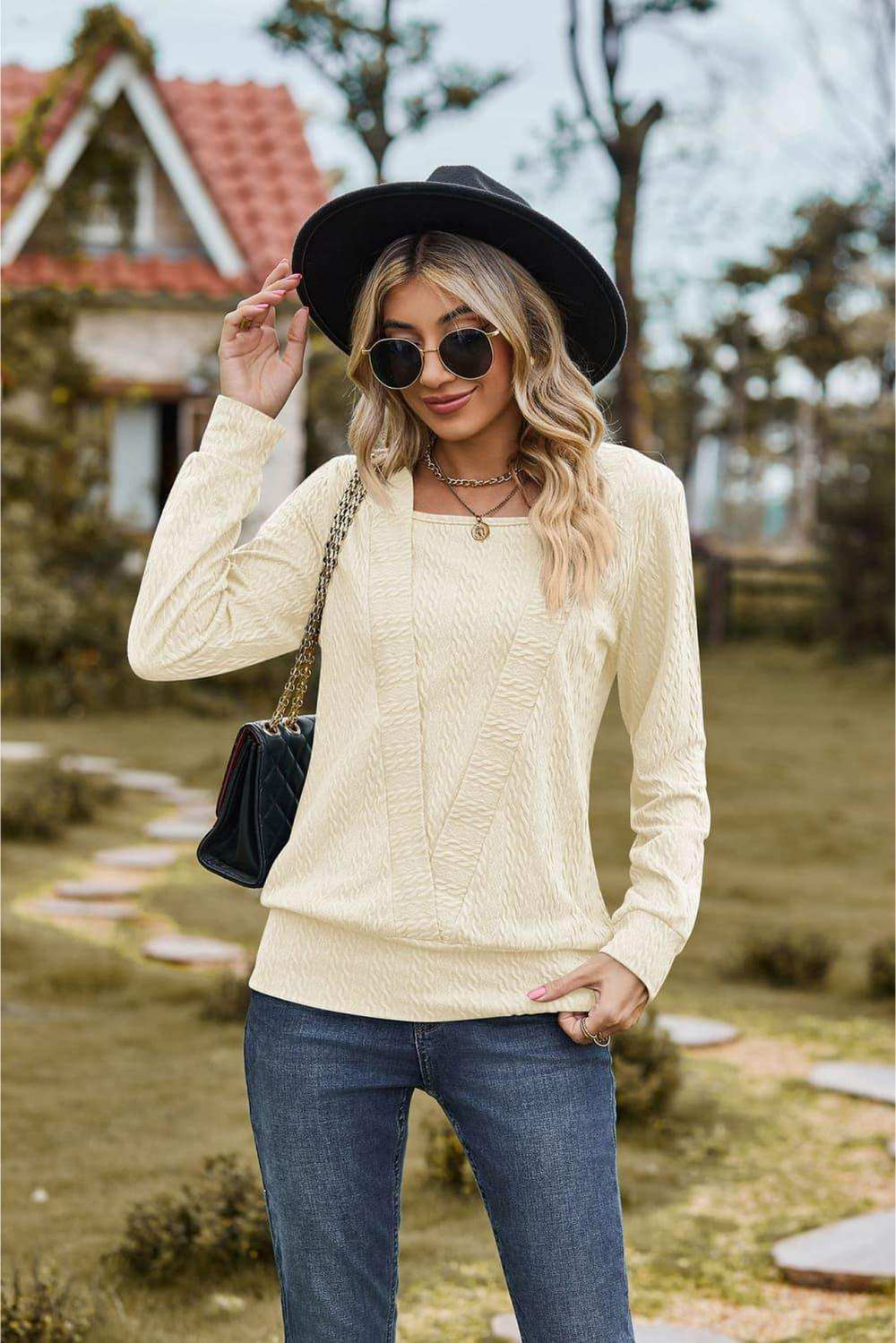 Square Neck Long Sleeve Blouse - Trendsi - Flyclothing LLC