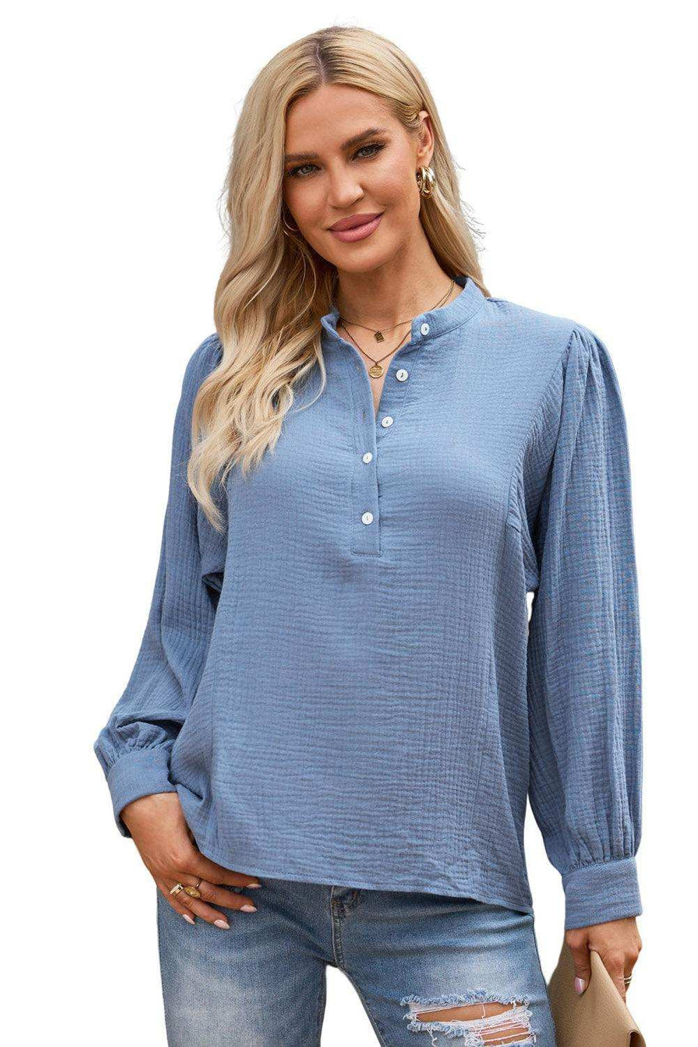 Half Button Puff Sleeve Blouse - Trendsi - Flyclothing LLC