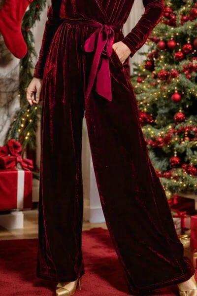 Tie Waist Long Sleeve Wide Leg Jumpsuit - Trendsi - Flyclothing LLC