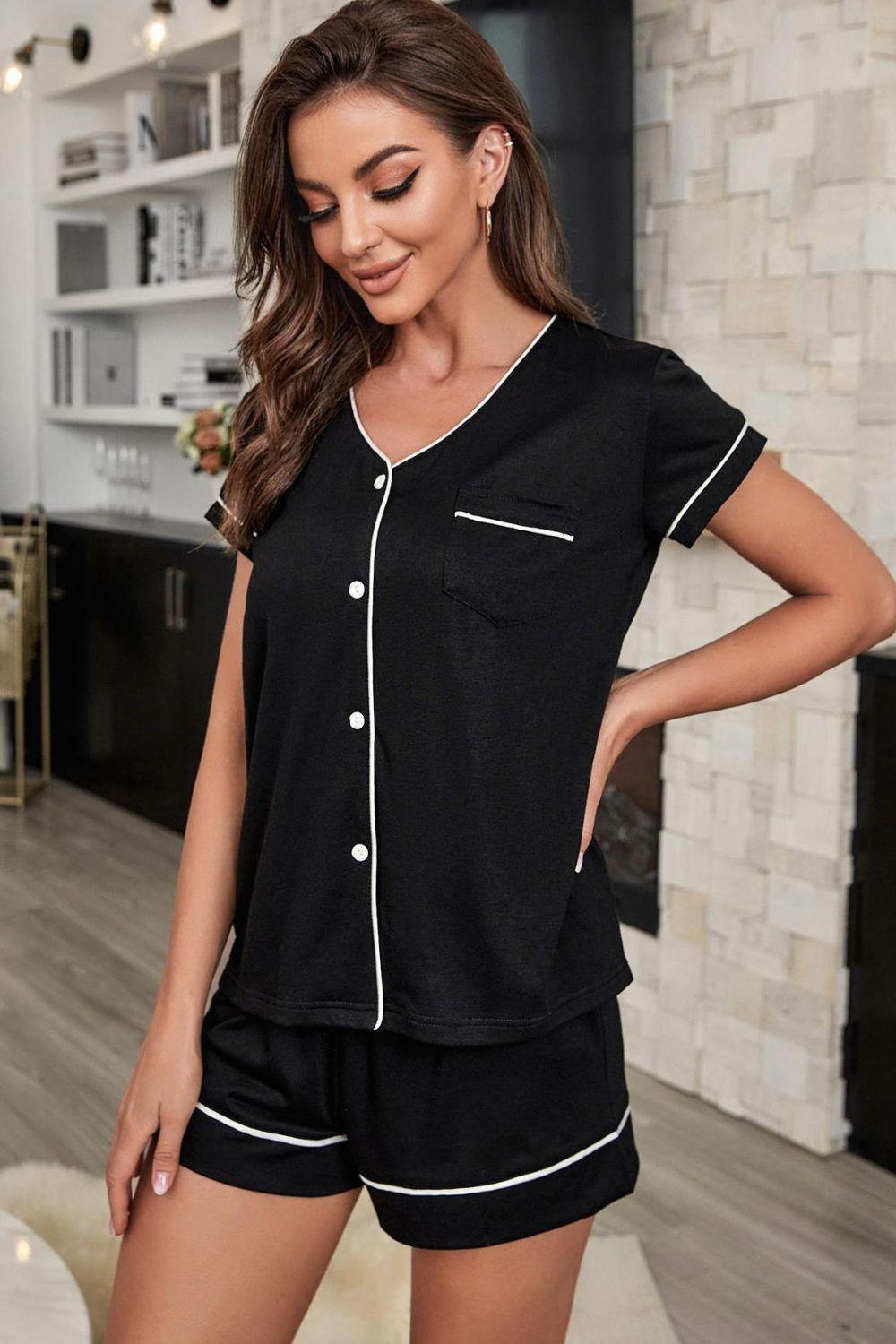 Contrast Piping Button-Up Top and Shorts Pajama Set - Flyclothing LLC