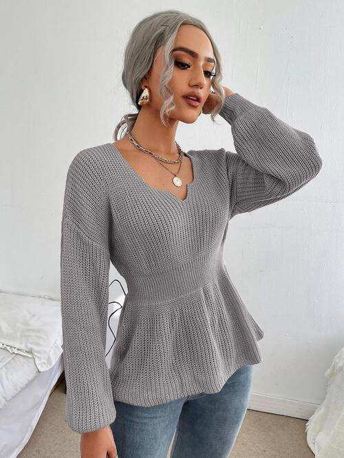 Notched Dropped Shoulder Knit Top - Trendsi - Flyclothing LLC