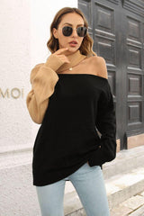 Ribbed Off-Shoulder Lantern Sleeve Pullover Sweater - Trendsi