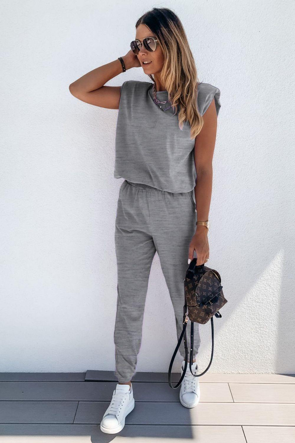 Padded Shoulder Top and Joggers Lounge Set - Trendsi