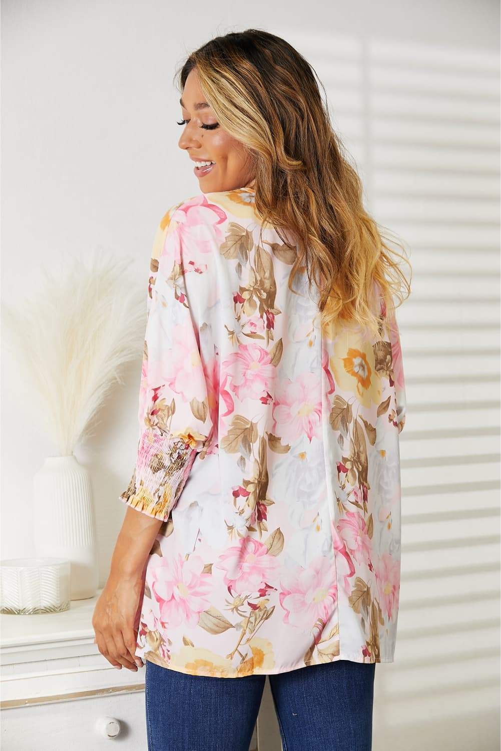Double Take Floral Round Neck Three-Quarter Sleeve Top - Trendsi - Flyclothing LLC