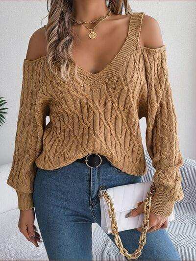Cable-Knit Cold Shoulder Long Sleeve Sweater - Trendsi - Flyclothing LLC