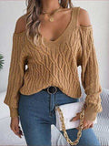 Cable-Knit Cold Shoulder Long Sleeve Sweater - Trendsi - Flyclothing LLC