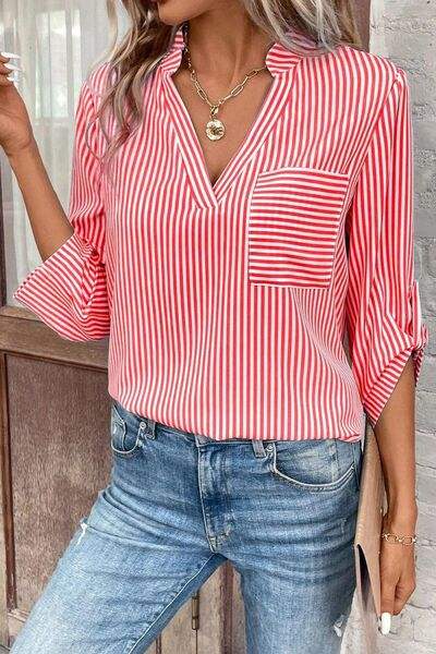 Striped Notched Roll-Tab Sleeve Shirt - Trendsi - Flyclothing LLC