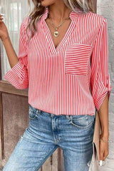 Striped Notched Roll-Tab Sleeve Shirt - Trendsi - Flyclothing LLC