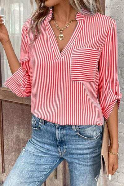 Striped Notched Roll-Tab Sleeve Shirt - Trendsi - Flyclothing LLC