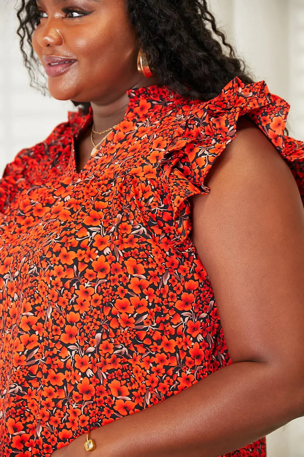 Double Take Floral Flutter Sleeve Notched Neck Blouse - Trendsi - Flyclothing LLC