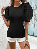 Polka Dot Flounce Sleeve Round Neck Top - Trendsi - Flyclothing LLC