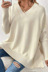 Slit V-Neck Dropped Shoulder Sweater - Trendsi - Flyclothing LLC