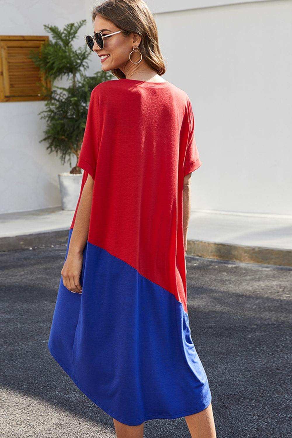 Color Block Round Neck Short Sleeve Dress - Trendsi - Flyclothing LLC