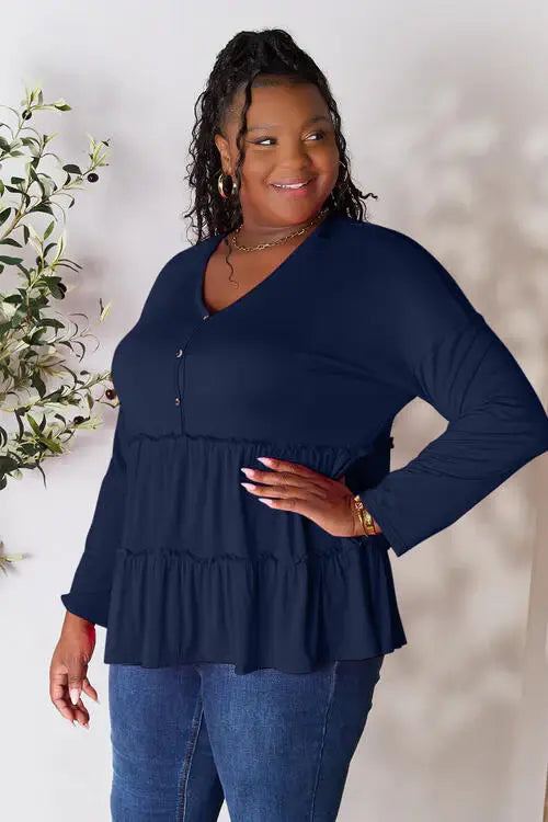 Double Take Half Button Long Sleeve Ruffle Hem Blouse - Trendsi - Flyclothing LLC