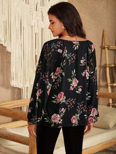 Flower Printed Tie Neck Long Sleeve Blouse - Trendsi - Flyclothing LLC