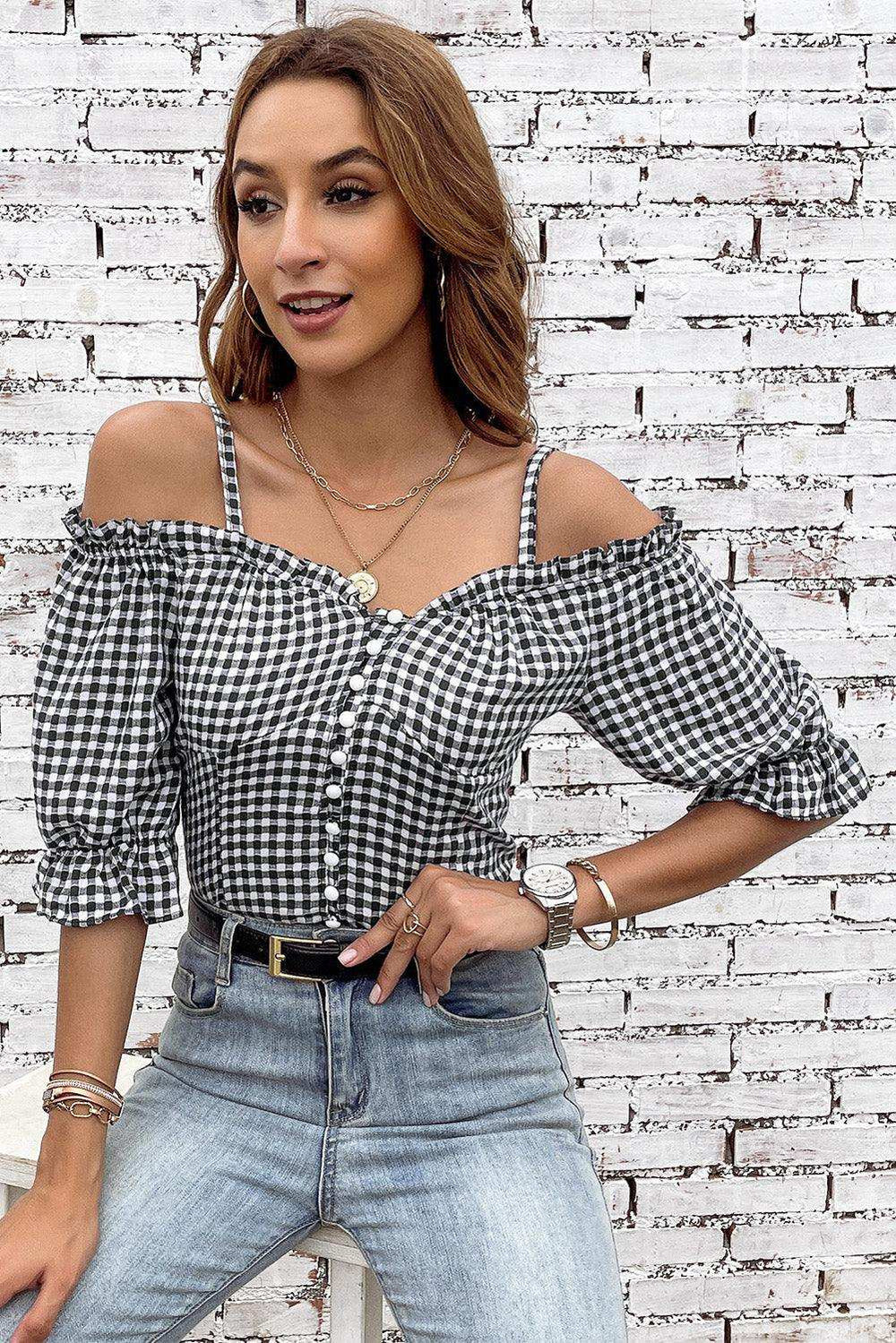 Plaid Buttoned Sweetheart Neck Cold-Shoulder Top - Trendsi