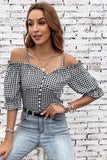 Plaid Buttoned Sweetheart Neck Cold-Shoulder Top - Trendsi