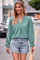 Swiss Dot Notched Neck Flounce Sleeve Blouse - Trendsi - Flyclothing LLC